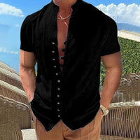 Men's Plus Size Short Sleeve Cotton Linen Shirt-Black-2XL-State of Style