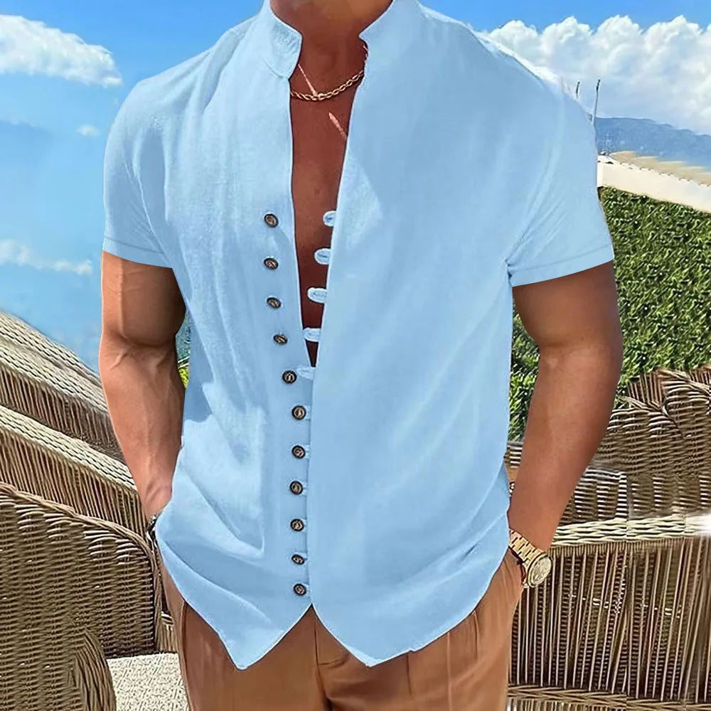 Men's Plus Size Short Sleeve Cotton Linen Shirt-Blue-2XL-State of Style