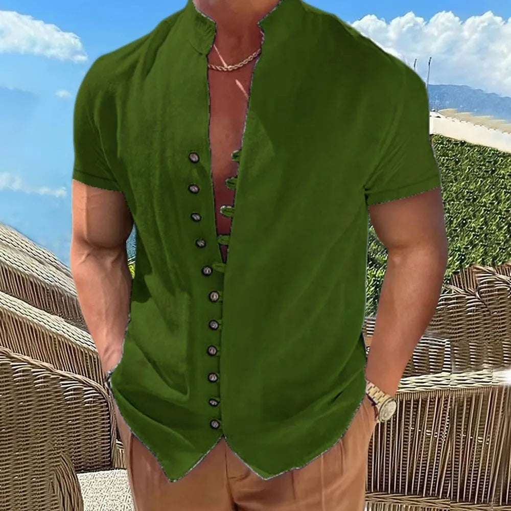 Men's Plus Size Short Sleeve Cotton Linen Shirt-Green-2XL-State of Style