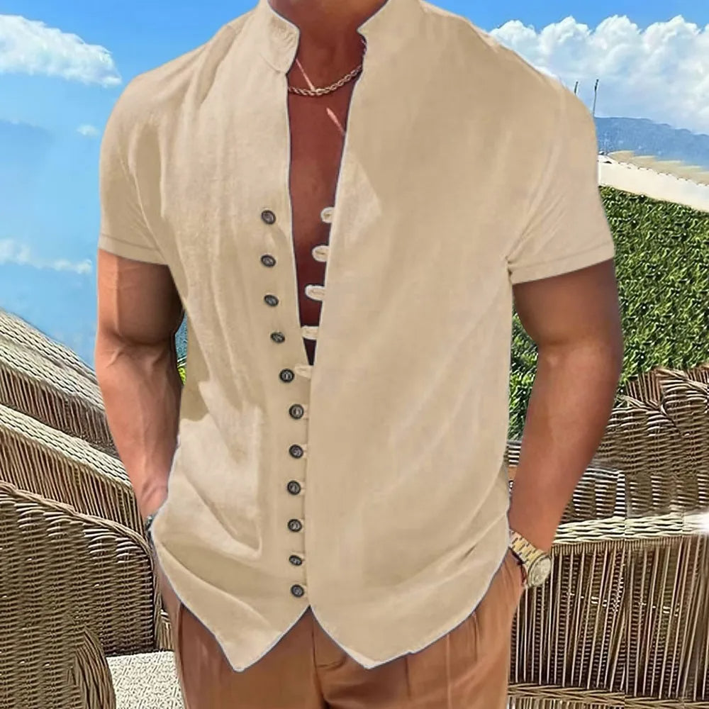 Men's Plus Size Short Sleeve Cotton Linen Shirt-Khaki-2XL-State of Style