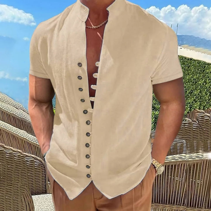 Men's Plus Size Short Sleeve Cotton Linen Shirt-Khaki-2XL-State of Style