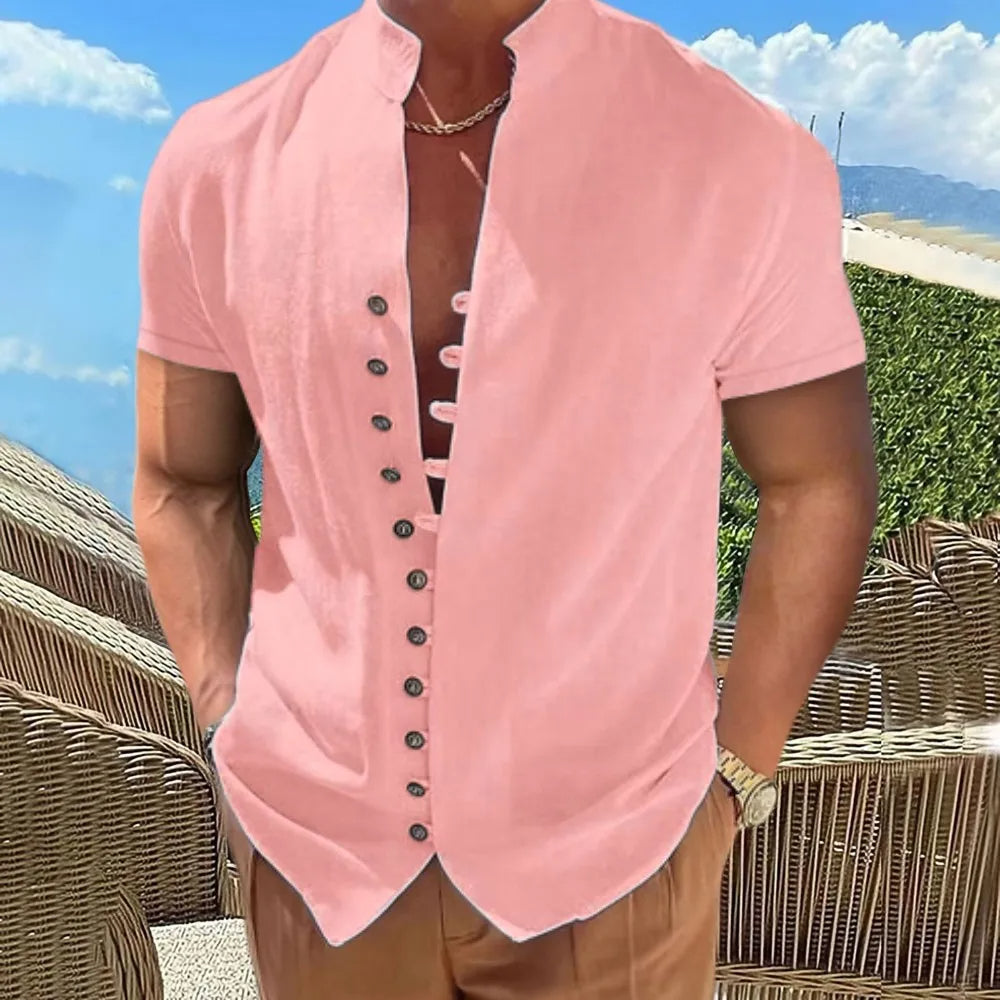 Men's Plus Size Short Sleeve Cotton Linen Shirt-Pink-2XL-State of Style