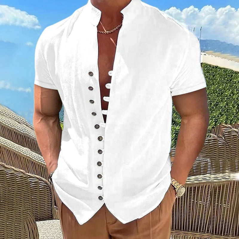 Men's Plus Size Short Sleeve Cotton Linen Shirt-White-2XL-State of Style