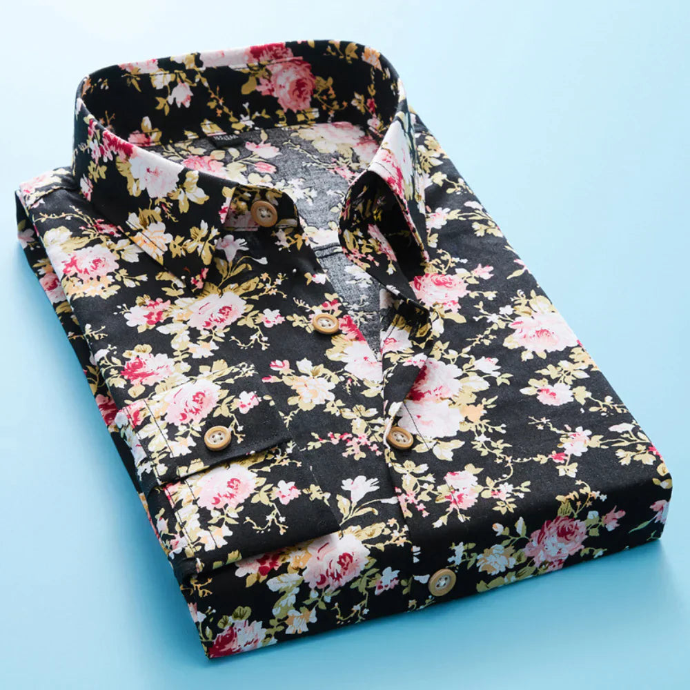 Men's Shirt with Floral Print and Short Sleeves – Florado-Black-S-State of Style