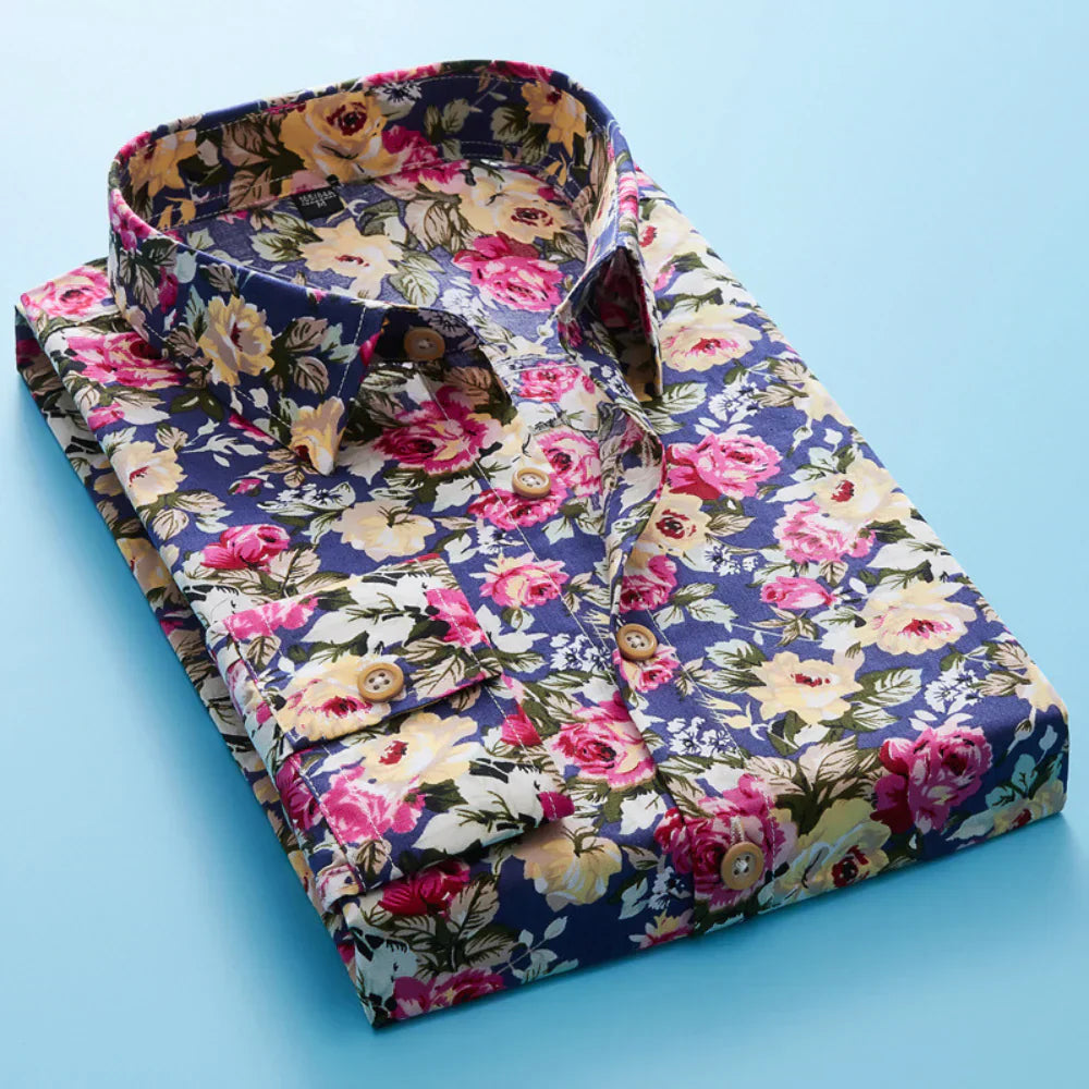Men's Shirt with Floral Print and Short Sleeves – Florado-Blue-S-State of Style