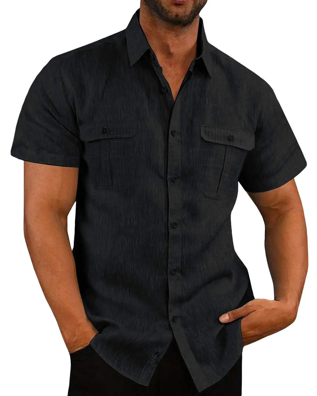 Men's Short-Sleeve Shirt with Chest Pockets and Kent Collar – Lennard-Black-S-State of Style
