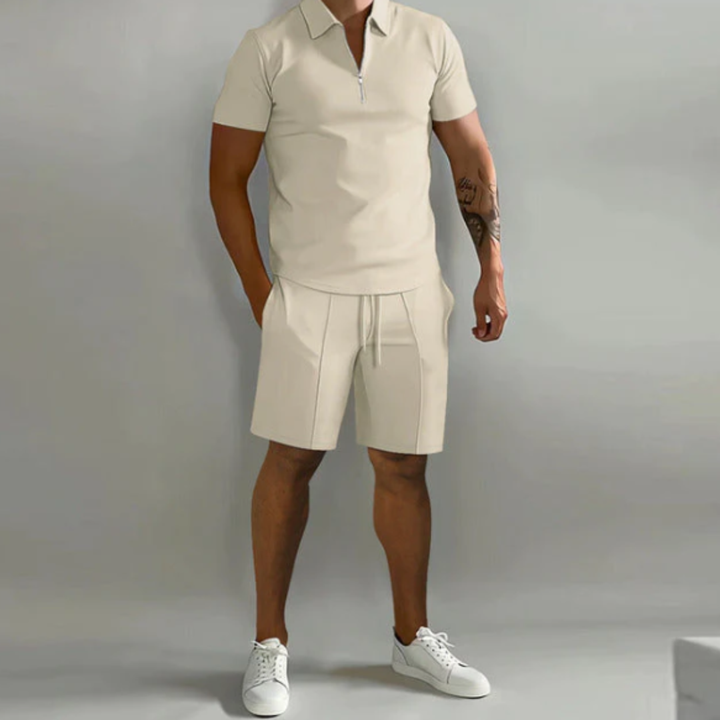 Men's sports set polo with zip and shorts summer style - Dario-Beige-S-State of Style