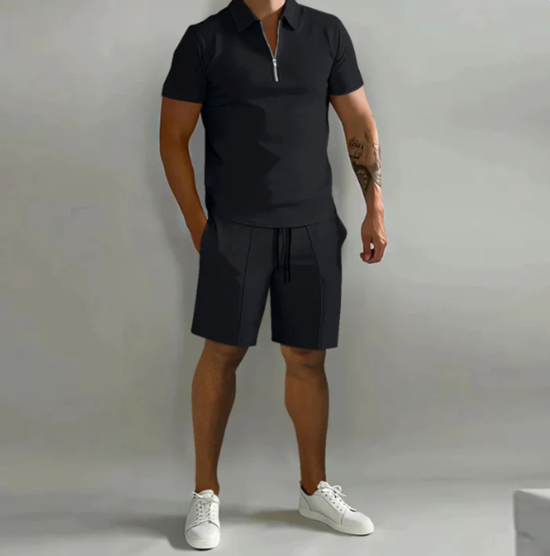 Men's sports set polo with zip and shorts summer style - Dario-Black-S-State of Style