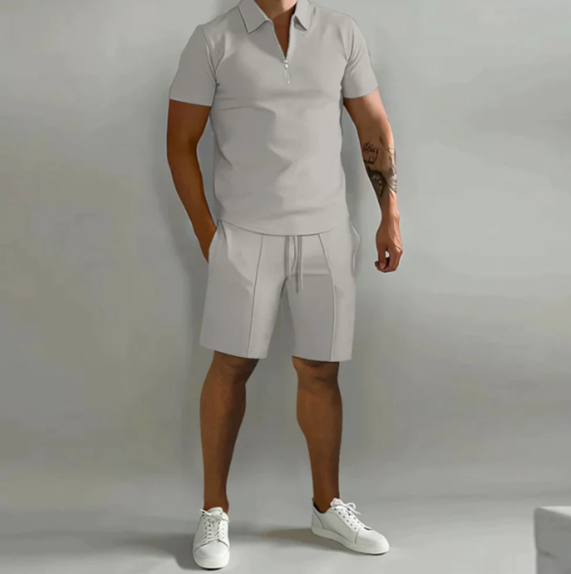 Men's sports set polo with zip and shorts summer style - Dario-Light grey-S-State of Style