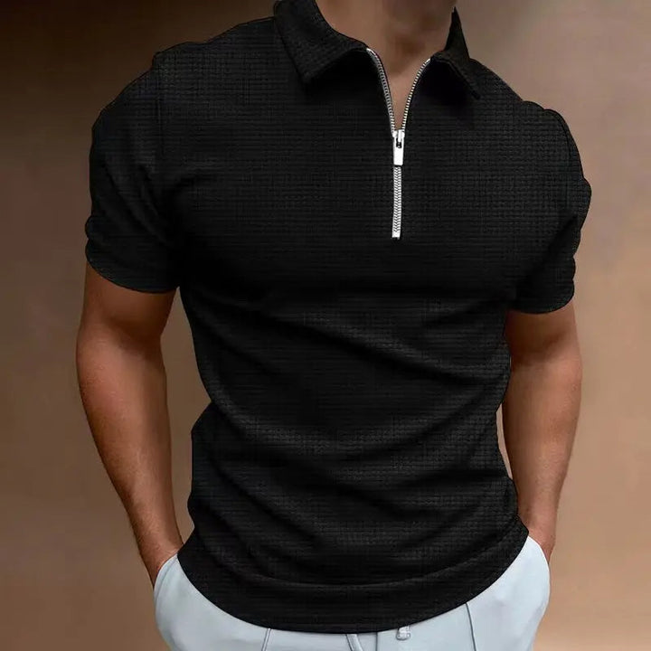 Men's Summer Waffle Knit Zip Polo Shirt – Plus Size-Black-2XL-State of Style