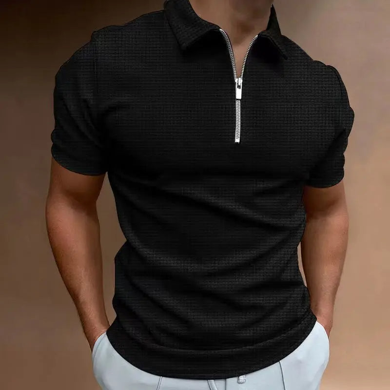 Men's Summer Waffle Knit Zip Polo Shirt – Plus Size-Black-2XL-State of Style