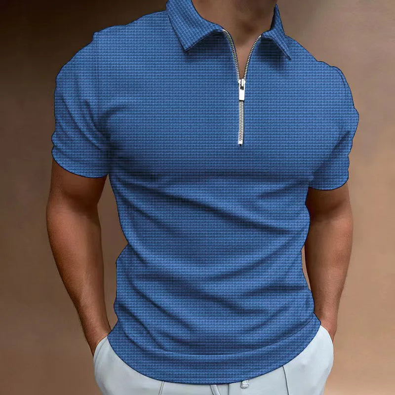 Men's Summer Waffle Knit Zip Polo Shirt – Plus Size-Blue-2XL-State of Style