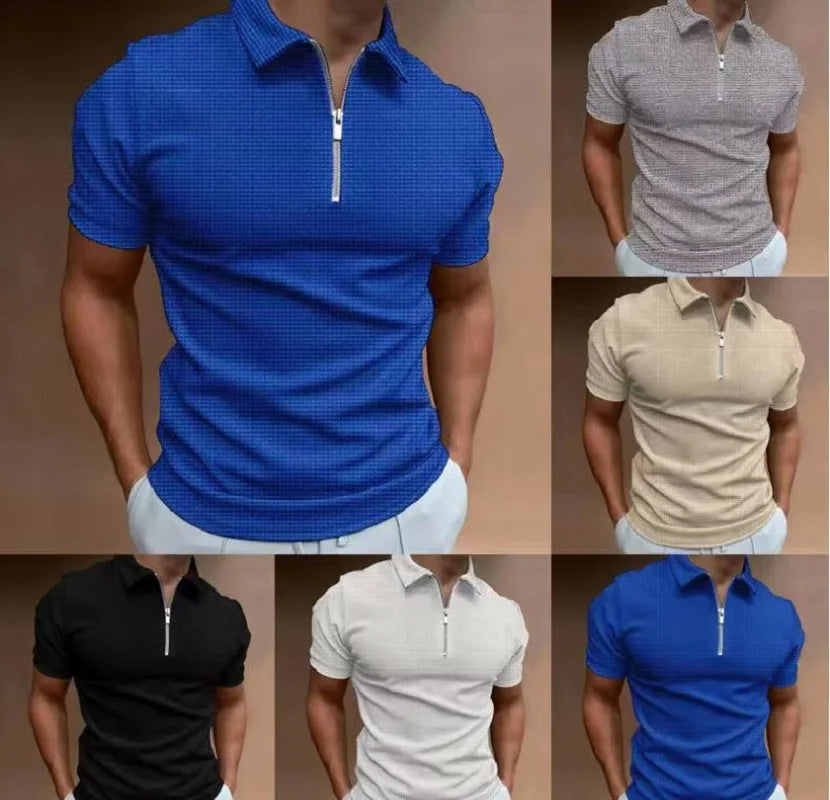 Men's Summer Waffle Knit Zip Polo Shirt – Plus Size-Grey-2XL-State of Style