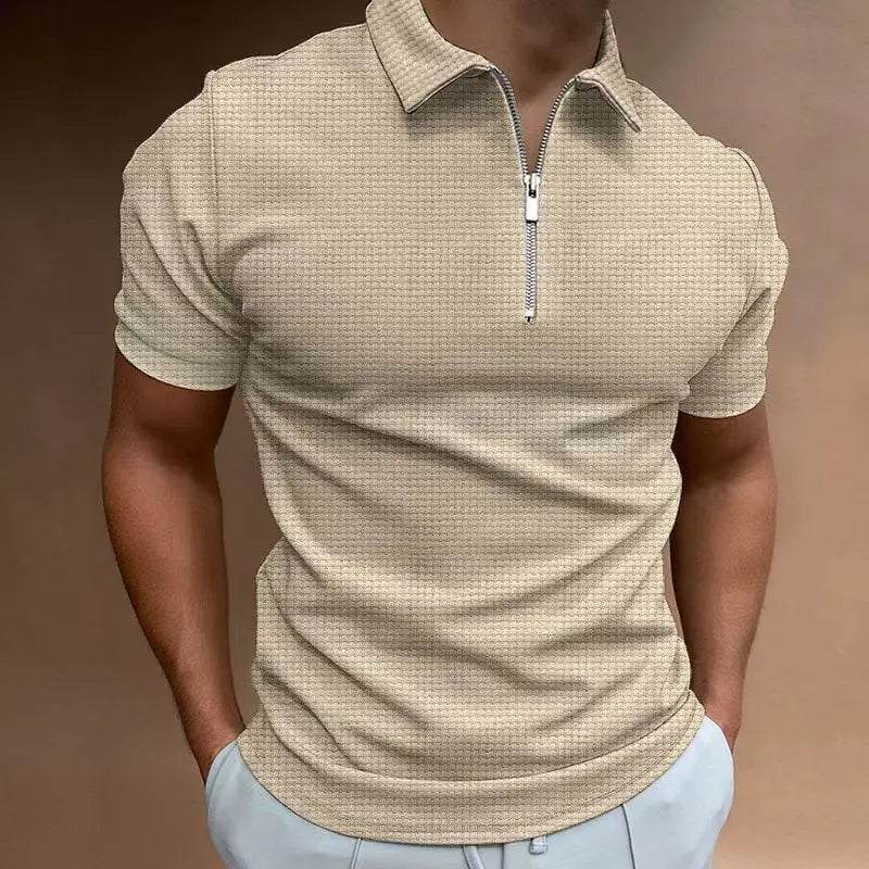 Men's Summer Waffle Knit Zip Polo Shirt – Plus Size-Khaki-2XL-State of Style