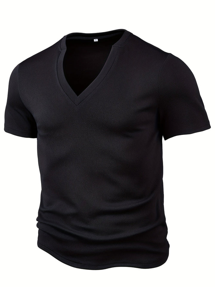 Men's T-shirt with Deep V-neck and Texture – Rafael-Black-S-State of Style