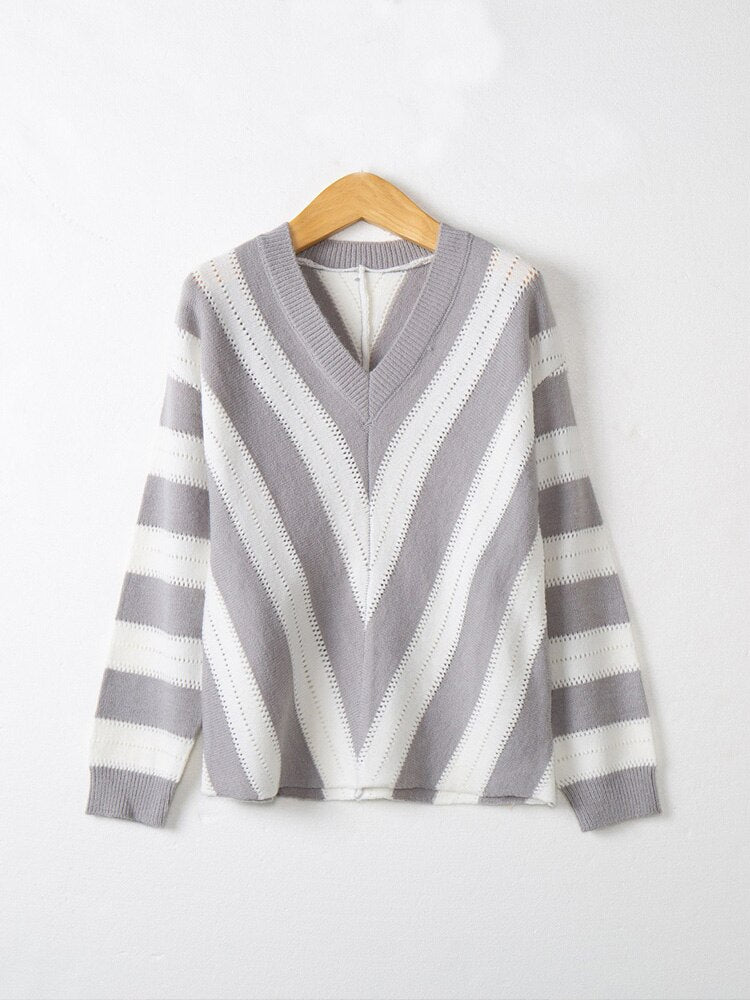 MillysTrui | Women's Stylish Striped Knit Sweater-Grey-S-State of Style
