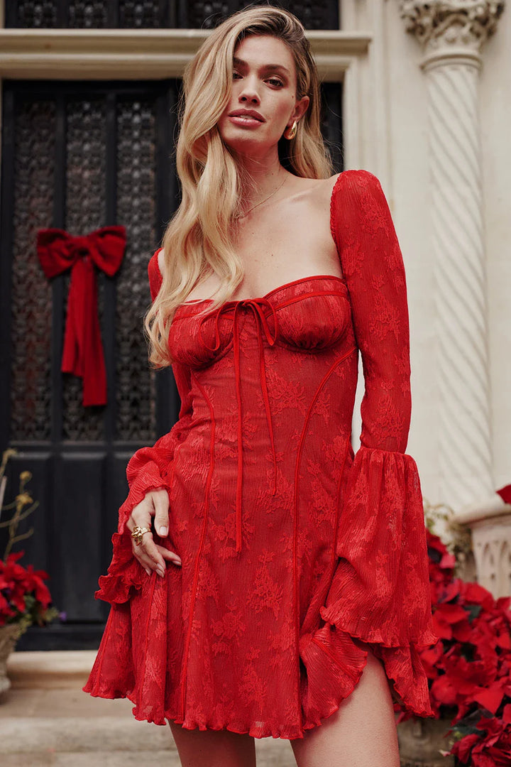 Mini dress with Long Sleeves and Lace – Yelina-Red-S-State of Style
