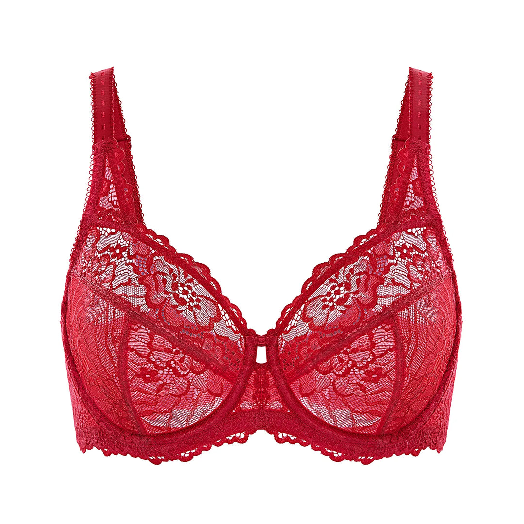 Minimiser Bra with Floral Lace in Plus Size-Red-12B-State of Style