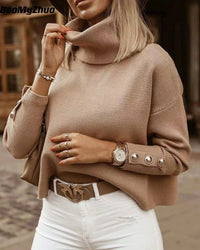MitzisShirt | Women's Elegant Turtleneck Knit Sweater-Khaki-S-State of Style