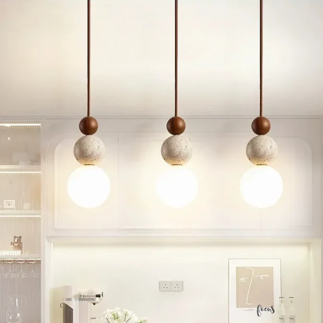 Modern Travertine and Mahogany Pendant Light - NaturaLuxe-Cream-White-Walnut-State of Style