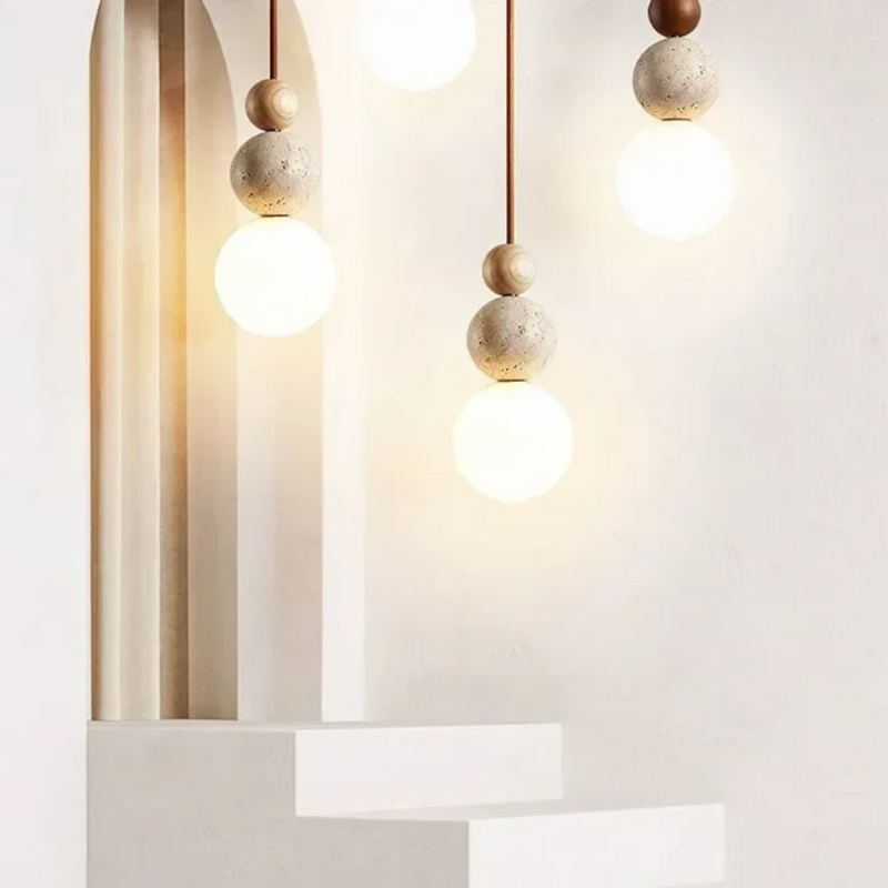 Modern Travertine and Mahogany Pendant Light - NaturaLuxe-Cream-White-Walnut-State of Style