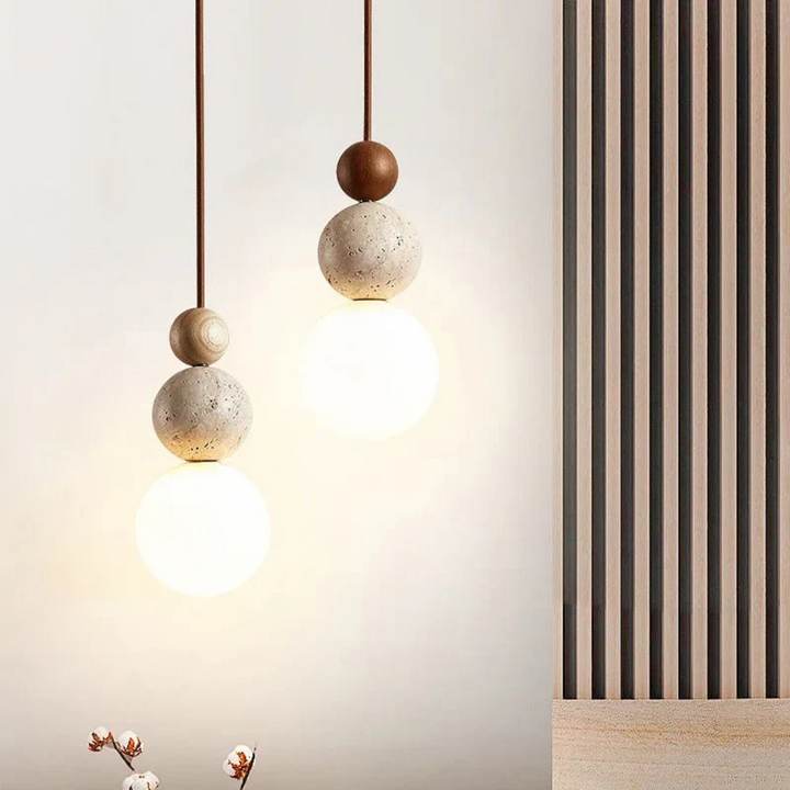 Modern Travertine and Mahogany Pendant Light - NaturaLuxe-Cream-White-Walnut-State of Style