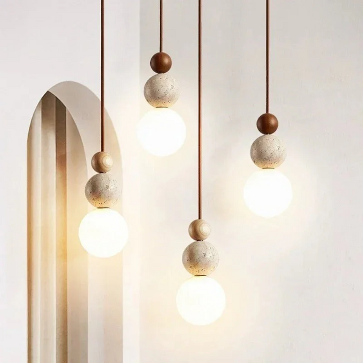 Modern Travertine and Mahogany Pendant Light - NaturaLuxe-Cream-White-Walnut-State of Style