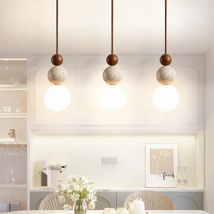 Modern Travertine and Mahogany Pendant Light - NaturaLuxe-Cream-White-Walnut-State of Style