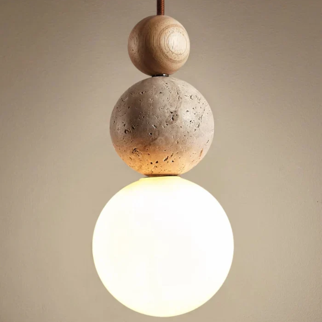 Modern Travertine and Mahogany Pendant Light - NaturaLuxe-Cream-White-Wood-State of Style