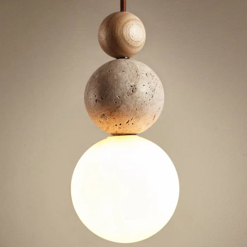 Modern Travertine and Mahogany Pendant Light - NaturaLuxe-Cream-White-Wood-State of Style