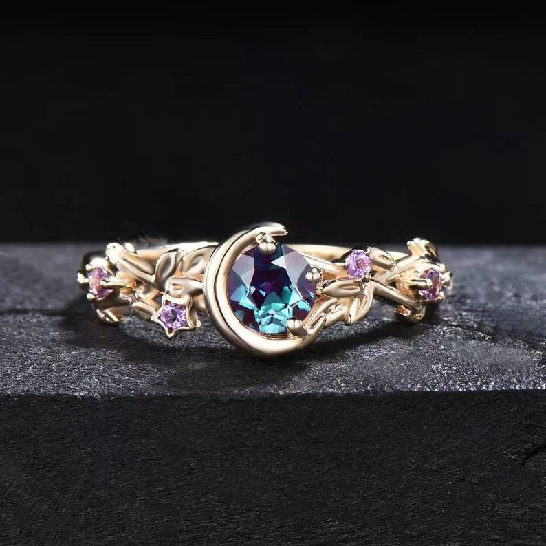 Moonstone Colour-Changing Alexandrite and Amethyst Engagement Ring - Elara-Gold-4.90 cm-State of Style
