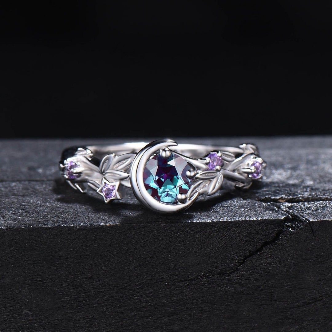 Moonstone Colour-Changing Alexandrite and Amethyst Engagement Ring - Elara-Silver-4.90 cm-State of Style