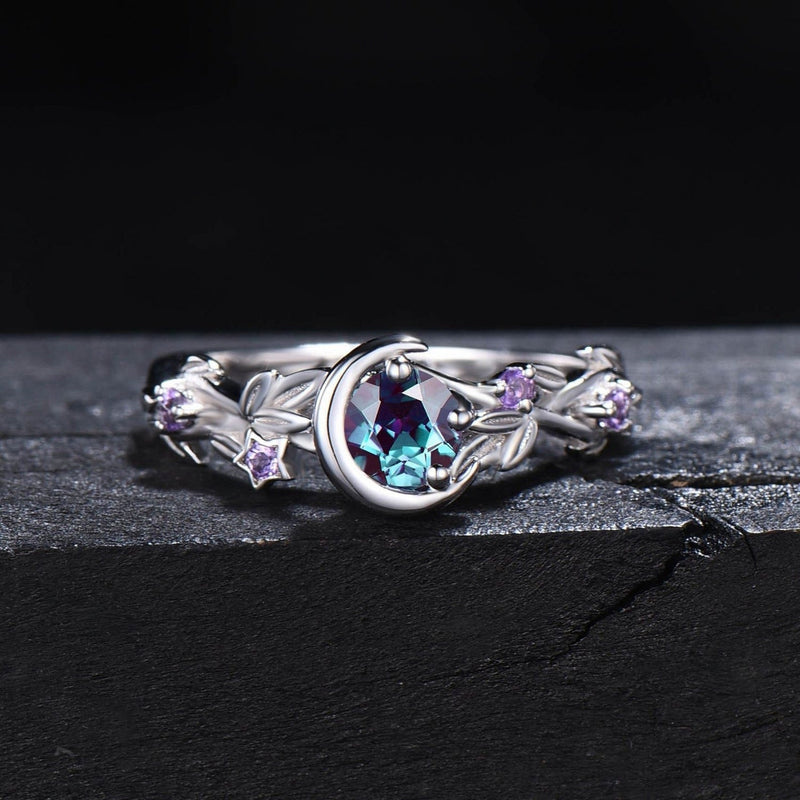 Moonstone Colour-Changing Alexandrite and Amethyst Engagement Ring - Elara-Silver-4.90 cm-State of Style