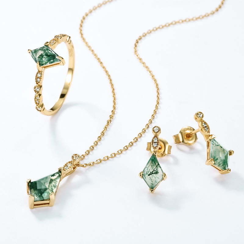 Moss Agate and White Zircon Jewellery Set – Lana-Necklace + Earrings + Ring Set-State of Style