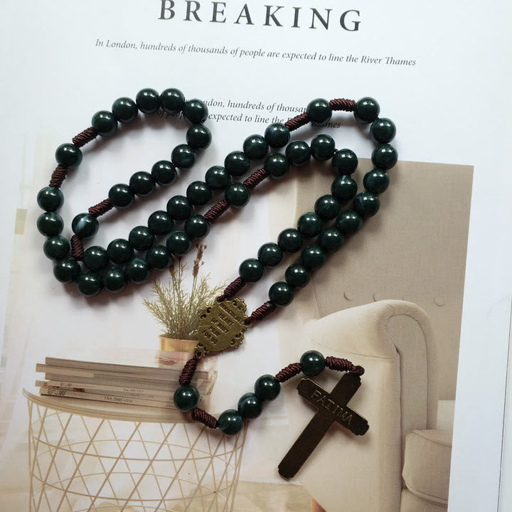 Moss Agate Sacred Medal Cross Pendant Rosary Necklace - Celeste-State of Style