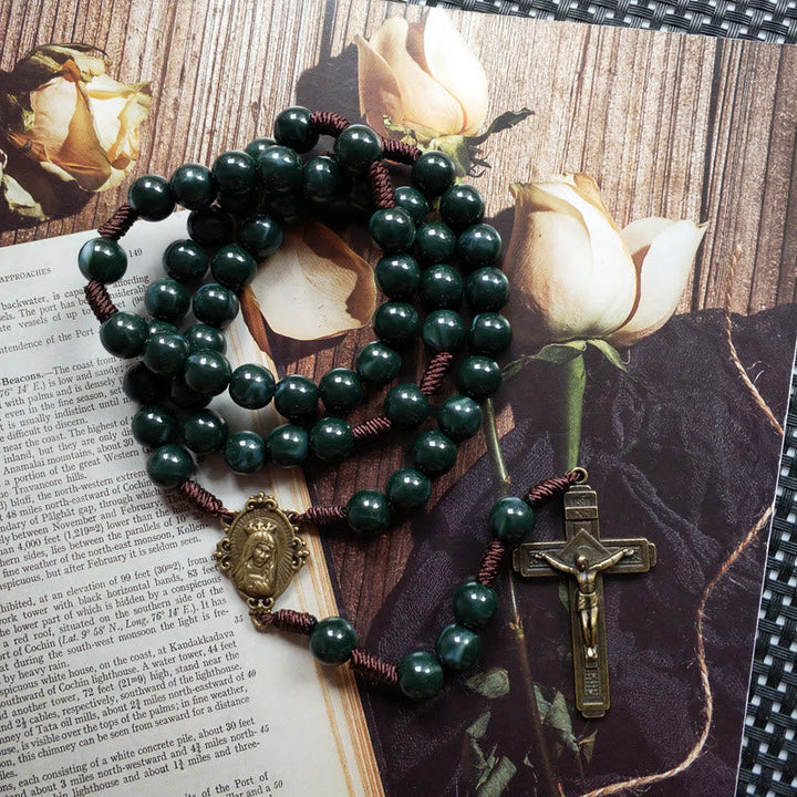 Moss Agate Sacred Medal Cross Pendant Rosary Necklace - Celeste-State of Style
