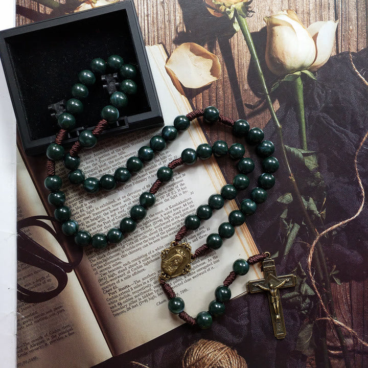 Moss Agate Sacred Medal Cross Pendant Rosary Necklace - Celeste-State of Style