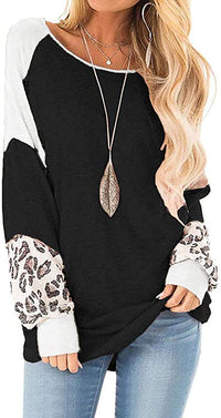 Naggoo – Colour Block Leopard Print Crew Neck Sweatshirt-Black and White-Select-State of Style