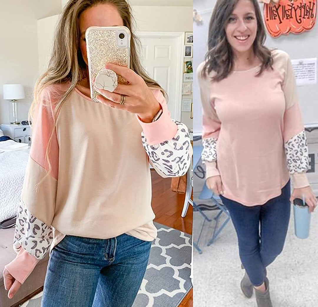 Naggoo – Colour Block Leopard Print Crew Neck Sweatshirt-Pink 01-Select-State of Style