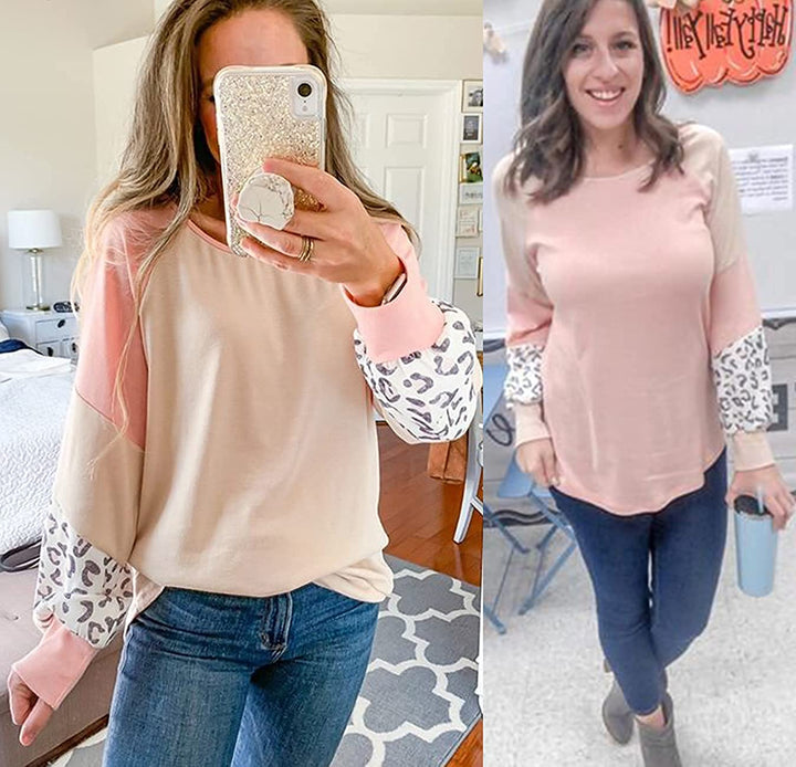 Naggoo – Colour Block Leopard Print Crew Neck Sweatshirt-Pink 01-Select-State of Style