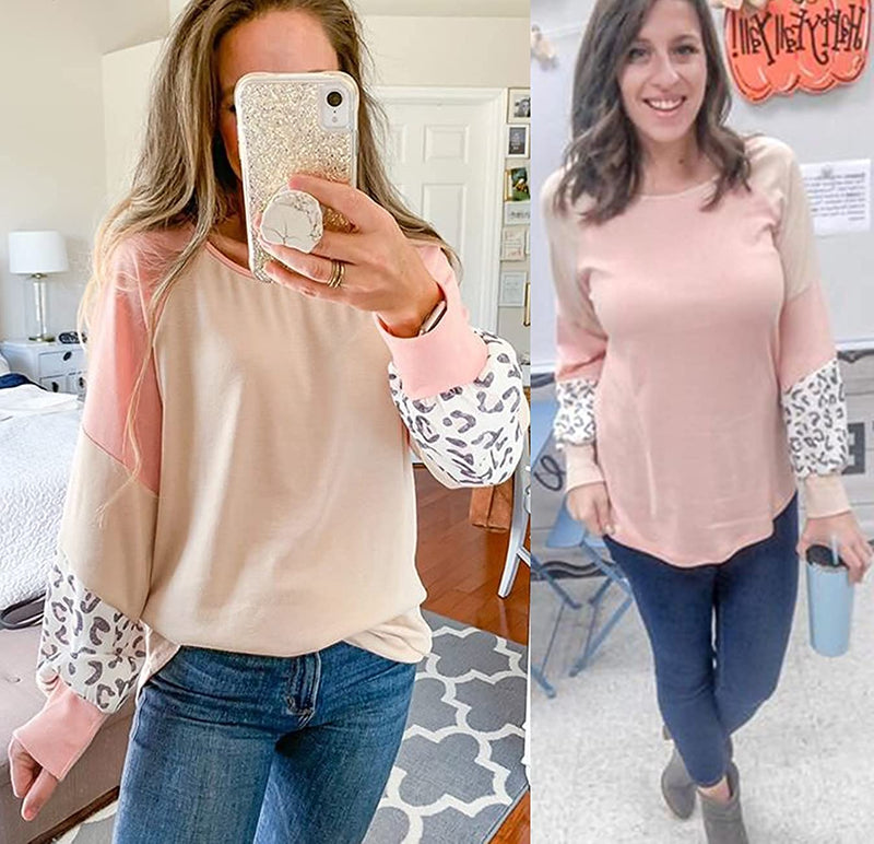 Naggoo – Colour Block Leopard Print Crew Neck Sweatshirt-Pink 01-Select-State of Style