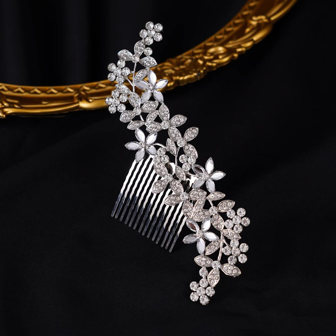 Natalie Traditional Hair Accessory – Crystal Flower & Rhinestone Hair Comb-Gold-State of Style