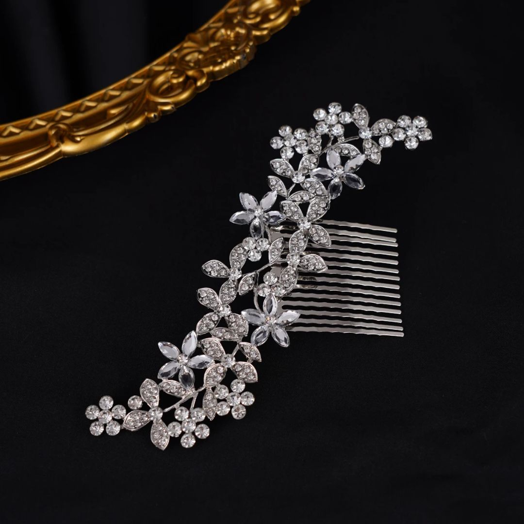 Natalie Traditional Hair Accessory – Crystal Flower & Rhinestone Hair Comb-Gold-State of Style