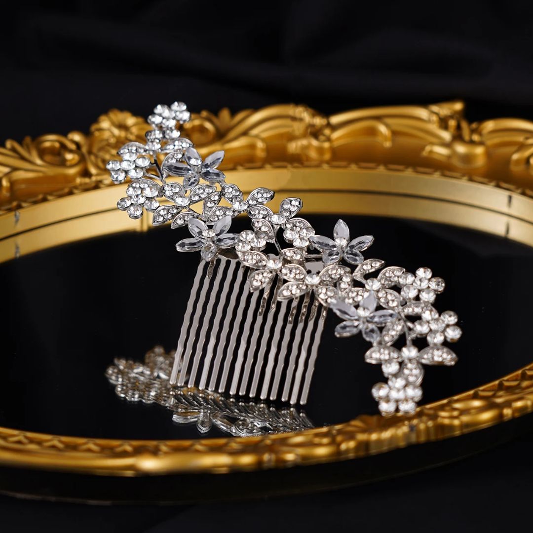 Natalie Traditional Hair Accessory – Crystal Flower & Rhinestone Hair Comb-Gold-State of Style