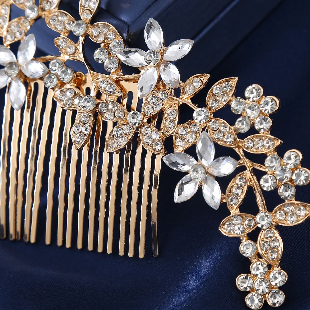 Natalie Traditional Hair Accessory – Crystal Flower & Rhinestone Hair Comb-Gold-State of Style