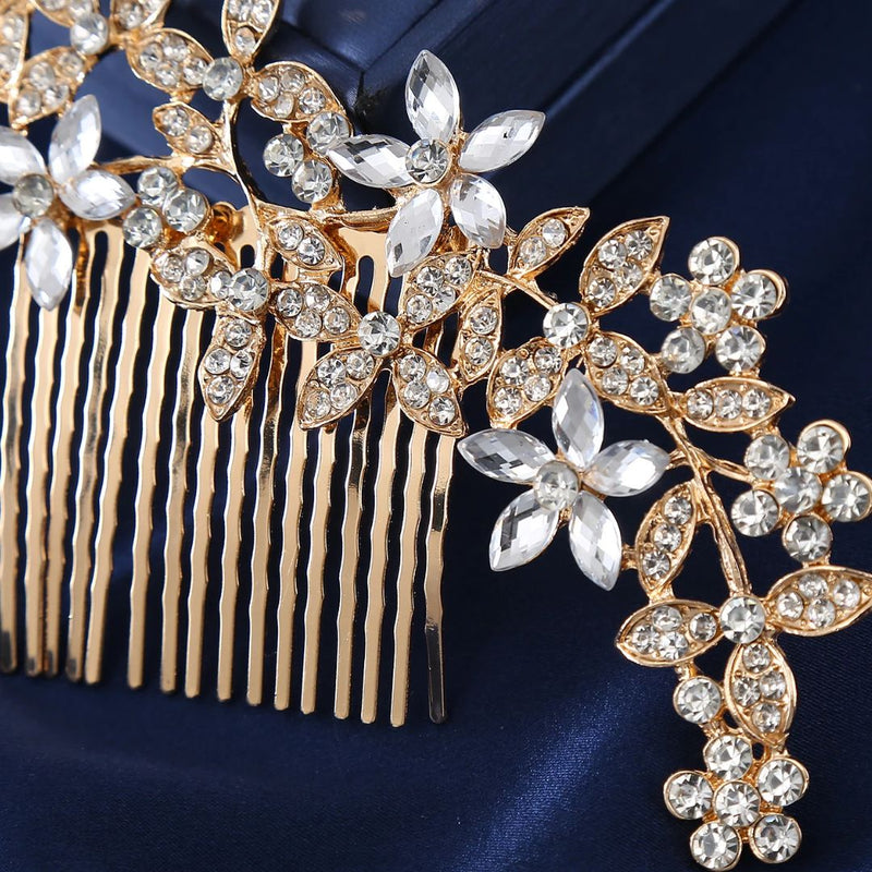 Natalie Traditional Hair Accessory – Crystal Flower & Rhinestone Hair Comb-Gold-State of Style