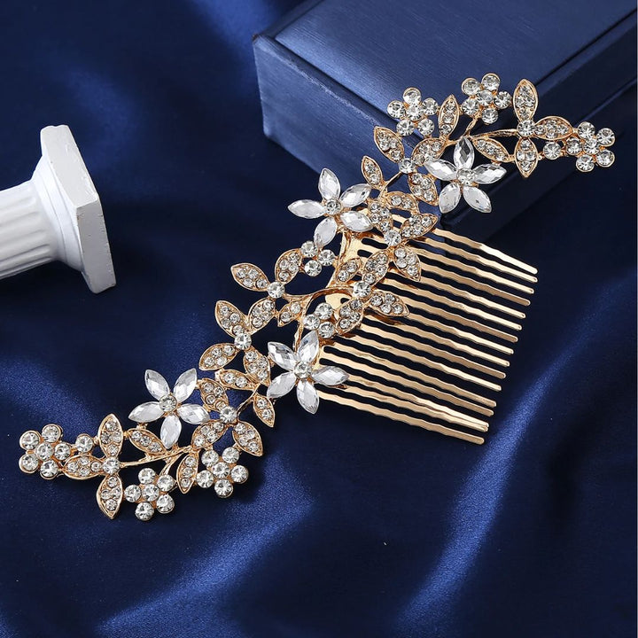 Natalie Traditional Hair Accessory – Crystal Flower & Rhinestone Hair Comb-Gold-State of Style