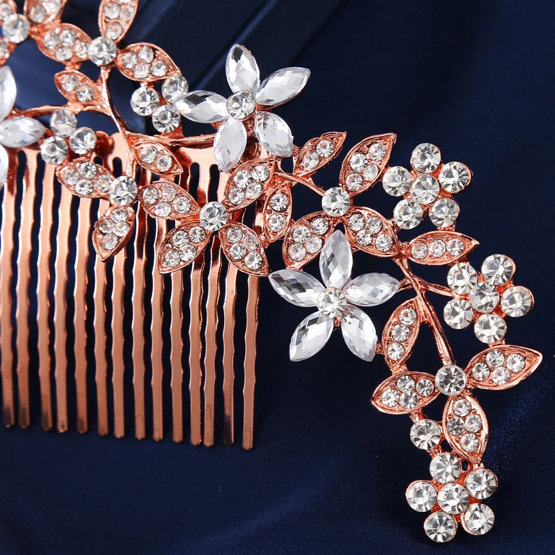 Natalie Traditional Hair Accessory – Crystal Flower & Rhinestone Hair Comb-Gold-State of Style