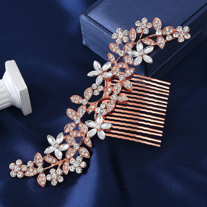 Natalie Traditional Hair Accessory – Crystal Flower & Rhinestone Hair Comb-Gold-State of Style