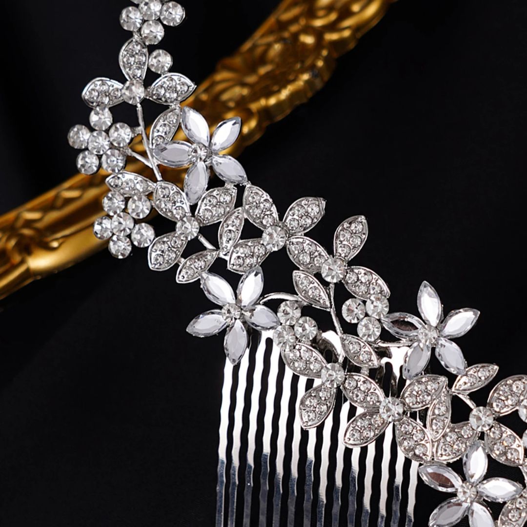 Natalie Traditional Hair Accessory – Crystal Flower & Rhinestone Hair Comb-Gold-State of Style